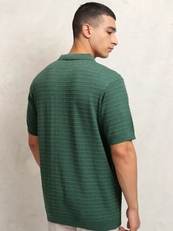Highlander Men Green Self Design Polo Collar T-Shirt