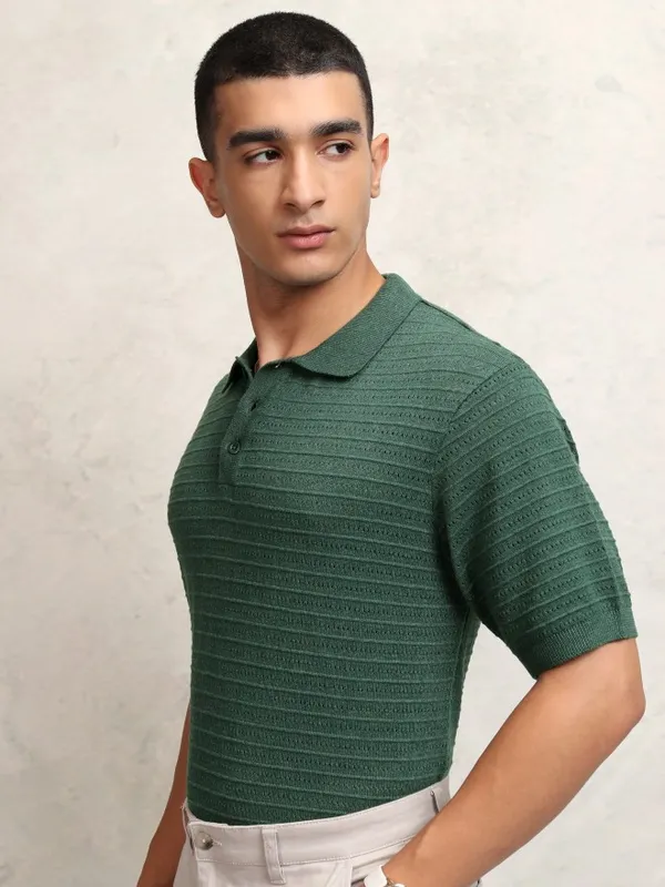 Highlander Men Green Self Design Polo Collar T-Shirt