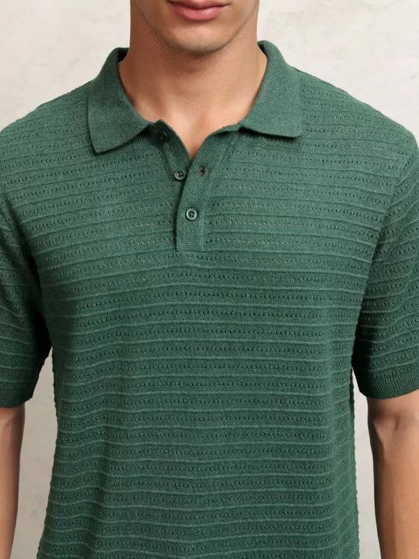 Highlander Men Green Self Design Polo Collar T-Shirt