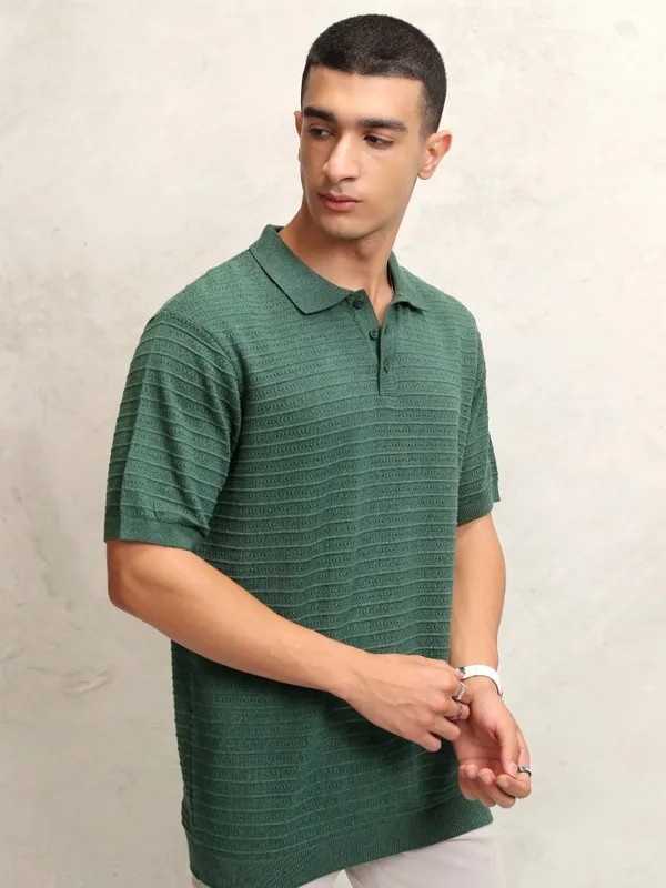Highlander Men Green Self Design Polo Collar T-Shirt