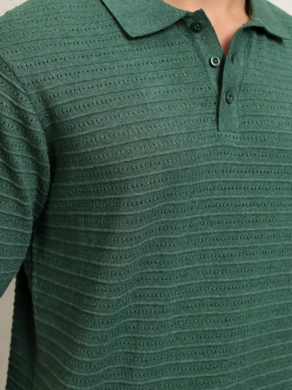 Highlander Men Green Self Design Polo Collar T-Shirt