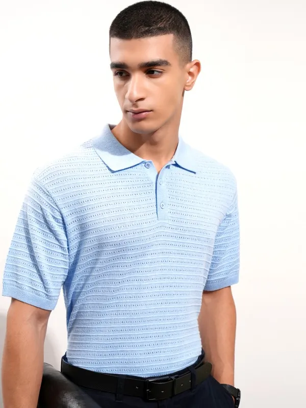 Highlander Men Blue Self Design Polo Collar T-Shirt