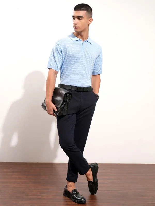 Highlander Men Blue Self Design Polo Collar T-Shirt