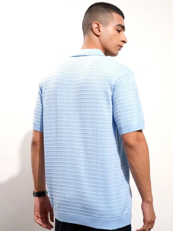 Highlander Men Blue Self Design Polo Collar T-Shirt