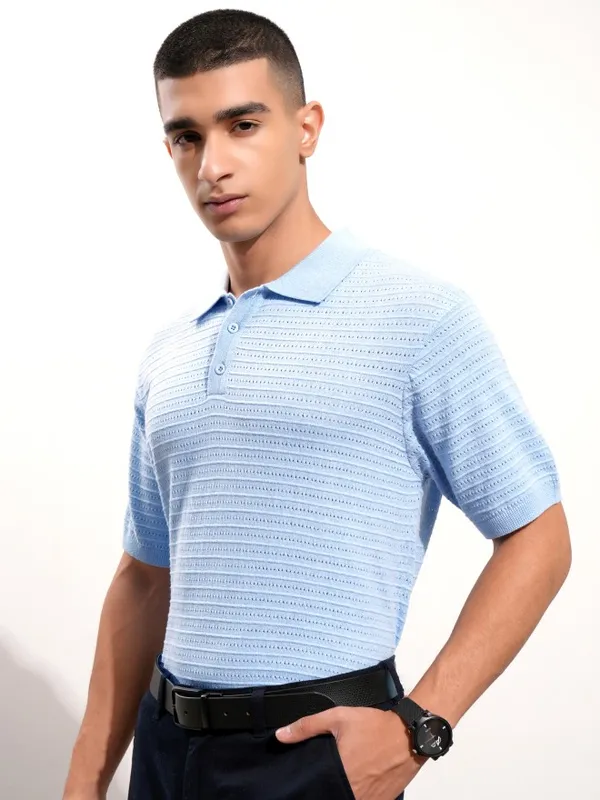 Highlander Men Blue Self Design Polo Collar T-Shirt
