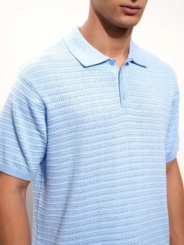 Highlander Men Blue Self Design Polo Collar T-Shirt