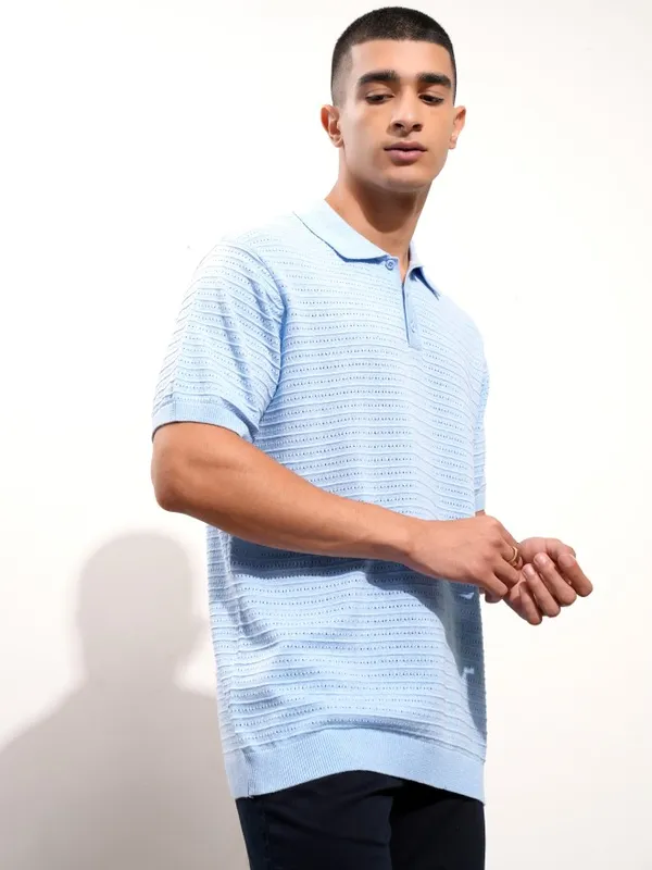 Highlander Men Blue Self Design Polo Collar T-Shirt