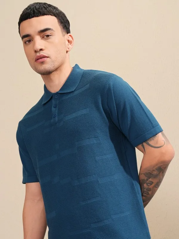 Highlander Men Navy Blue Self Design Polo Collar T-Shirt