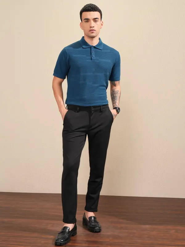 Highlander Men Navy Blue Self Design Polo Collar T-Shirt