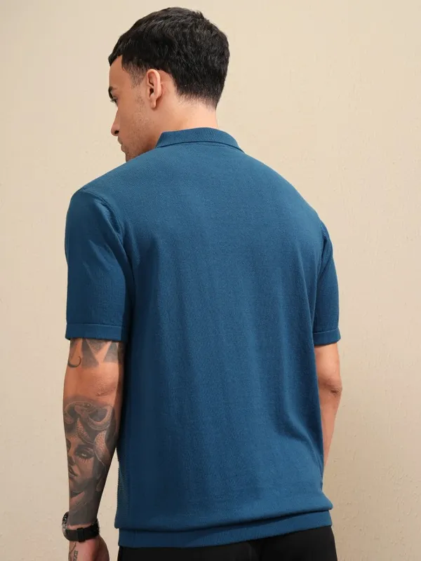Highlander Men Navy Blue Self Design Polo Collar T-Shirt
