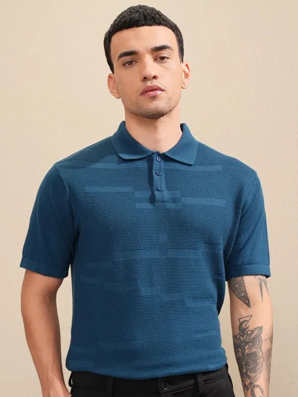Highlander Men Navy Blue Self Design Polo Collar T-Shirt