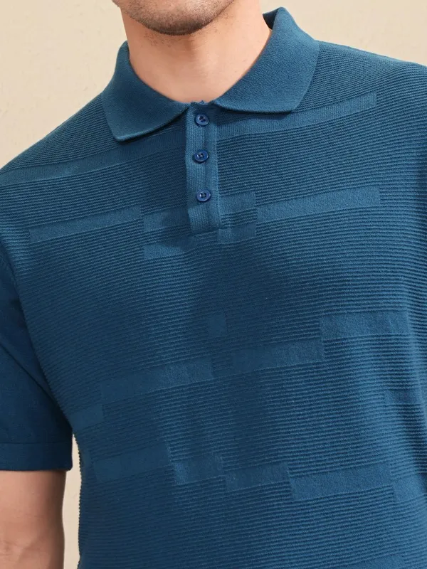 Highlander Men Navy Blue Self Design Polo Collar T-Shirt
