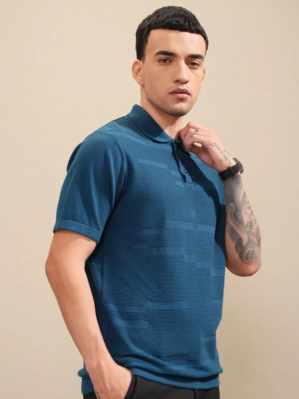 Highlander Men Navy Blue Self Design Polo Collar T-Shirt