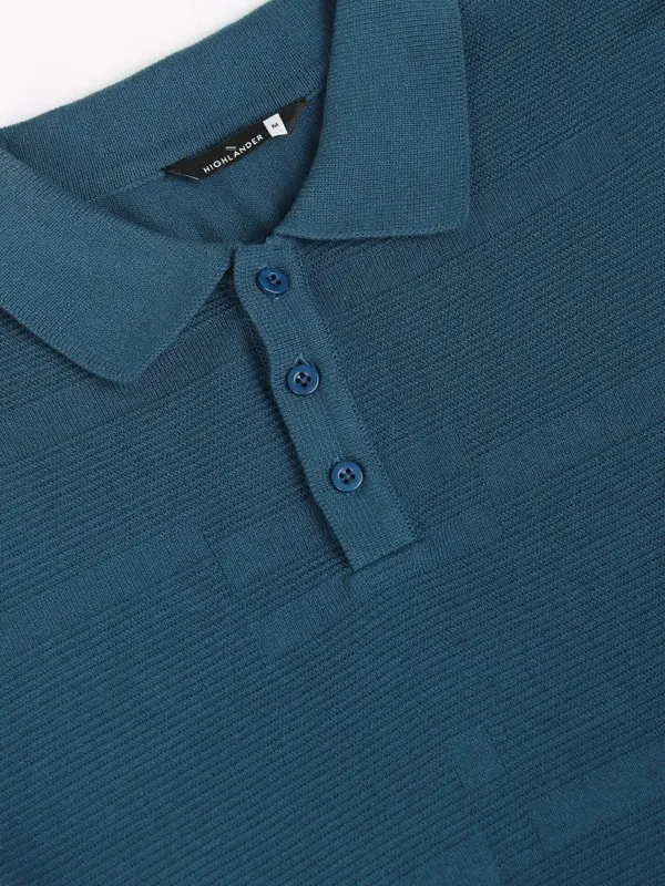 Highlander Men Navy Blue Self Design Polo Collar T-Shirt