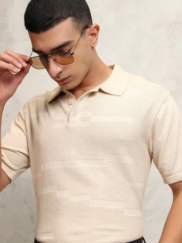 Highlander Men Cream Self Design Polo Collar T-Shirt