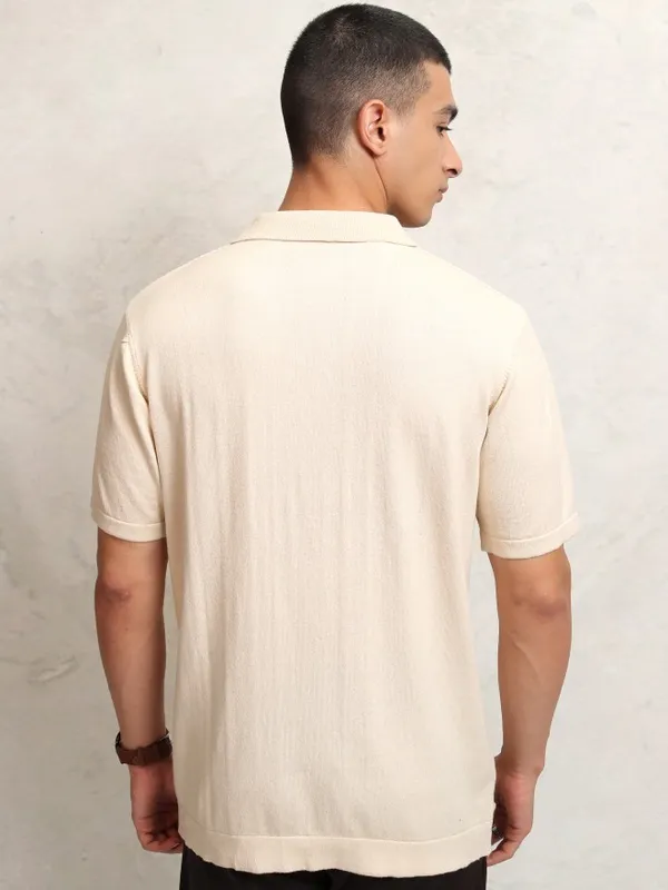 Highlander Men Cream Self Design Polo Collar T-Shirt