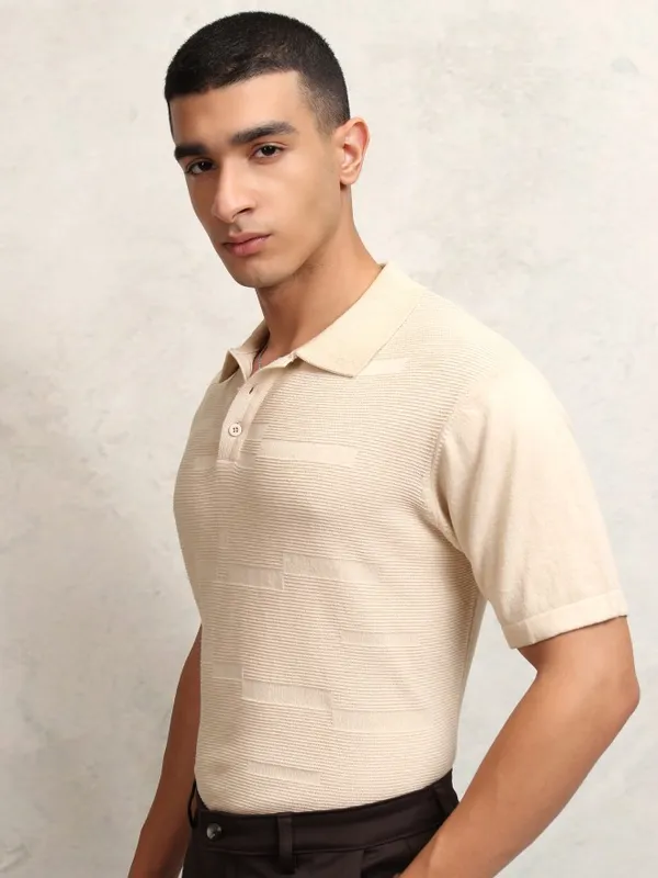 Highlander Men Cream Self Design Polo Collar T-Shirt