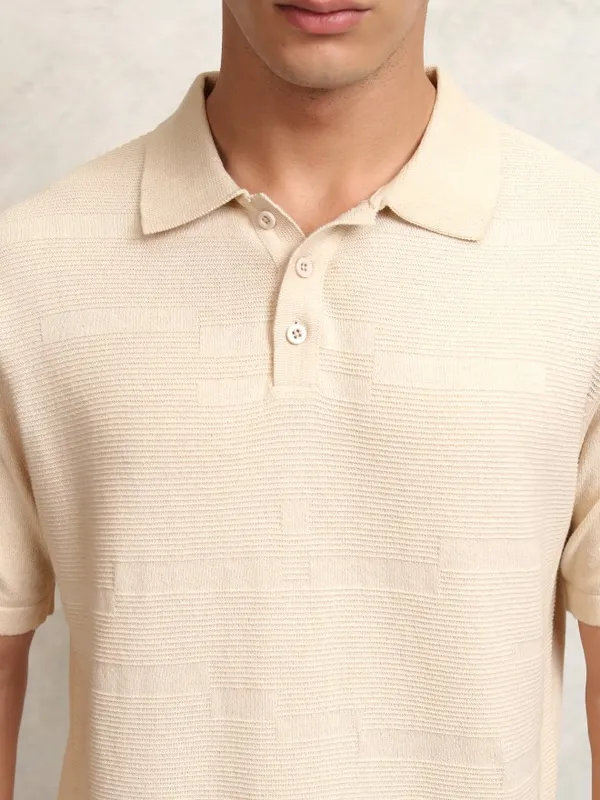 Highlander Men Cream Self Design Polo Collar T-Shirt