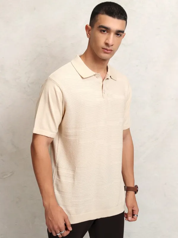 Highlander Men Cream Self Design Polo Collar T-Shirt