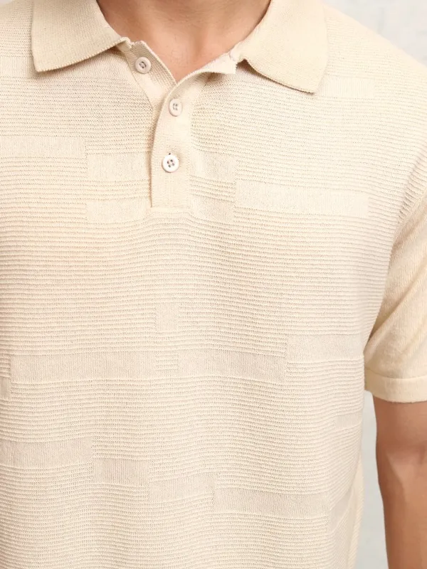 Highlander Men Cream Self Design Polo Collar T-Shirt