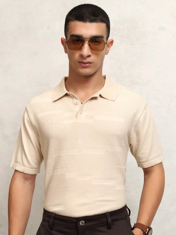 Highlander Men Cream Self Design Polo Collar T-Shirt