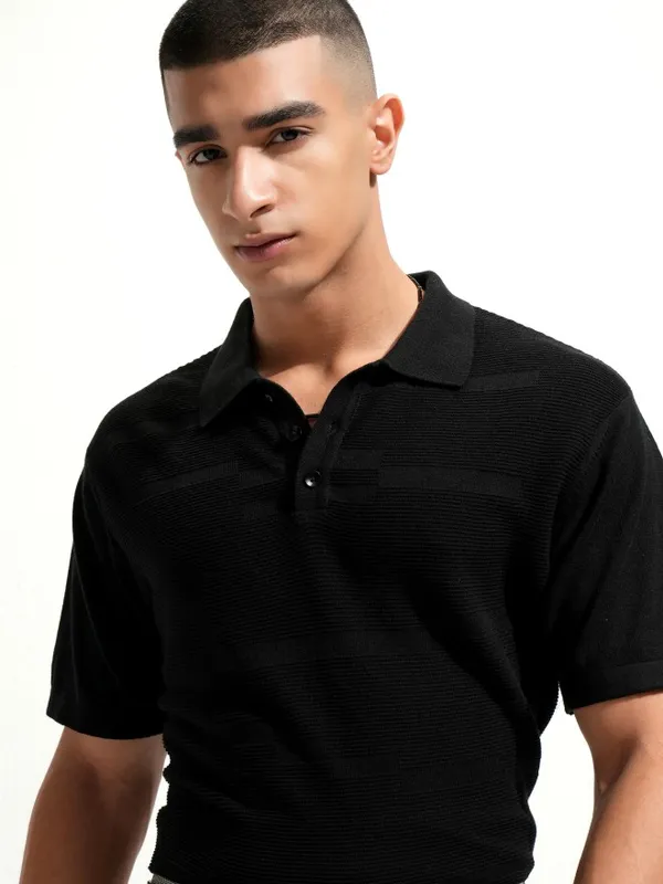 Highlander Men Black Self Design Polo Collar T-Shirt