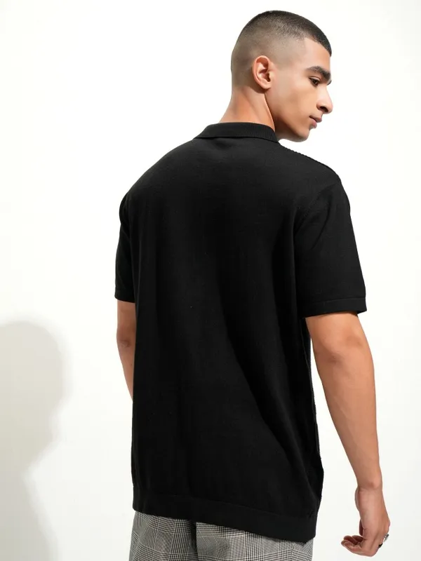 Highlander Men Black Self Design Polo Collar T-Shirt