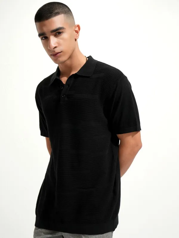 Highlander Men Black Self Design Polo Collar T-Shirt