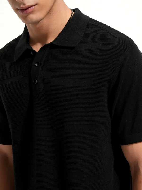 Highlander Men Black Self Design Polo Collar T-Shirt