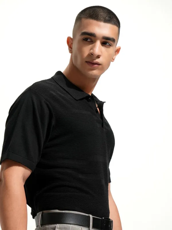 Highlander Men Black Self Design Polo Collar T-Shirt