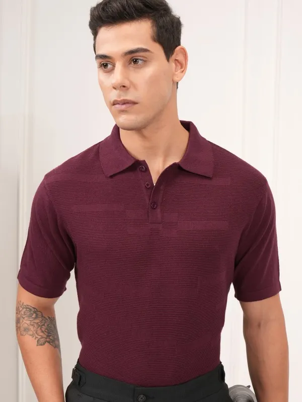 Highlander Men Burgundy Self Design Polo T-Shirt