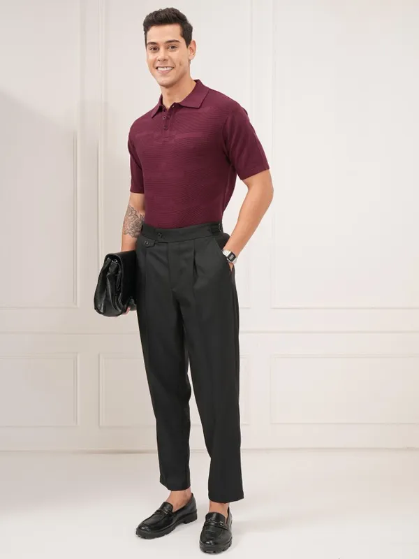 Highlander Men Burgundy Self Design Polo T-Shirt