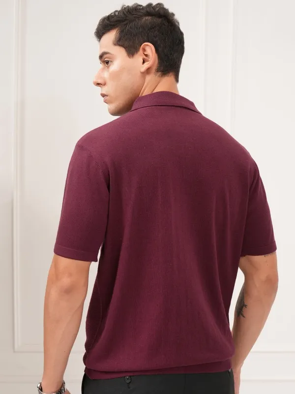 Highlander Men Burgundy Self Design Polo T-Shirt