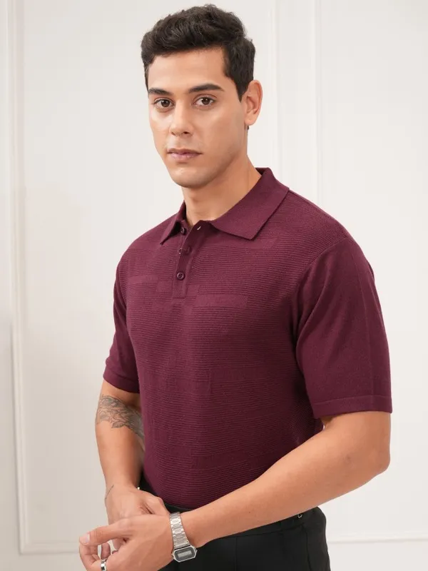 Highlander Men Burgundy Self Design Polo T-Shirt