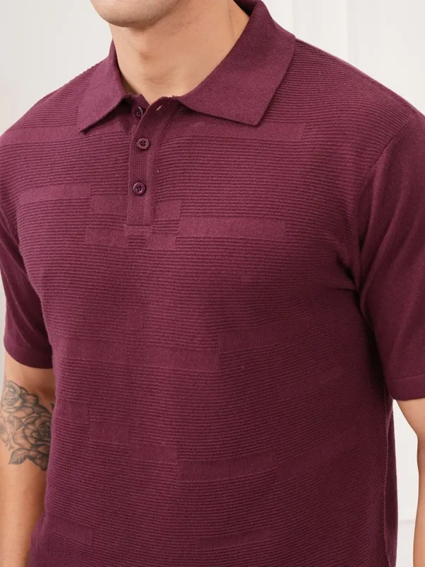 Highlander Men Burgundy Self Design Polo T-Shirt
