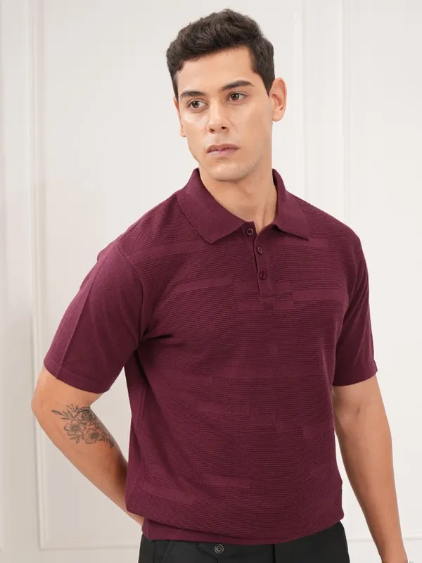Highlander Men Burgundy Self Design Polo T-Shirt