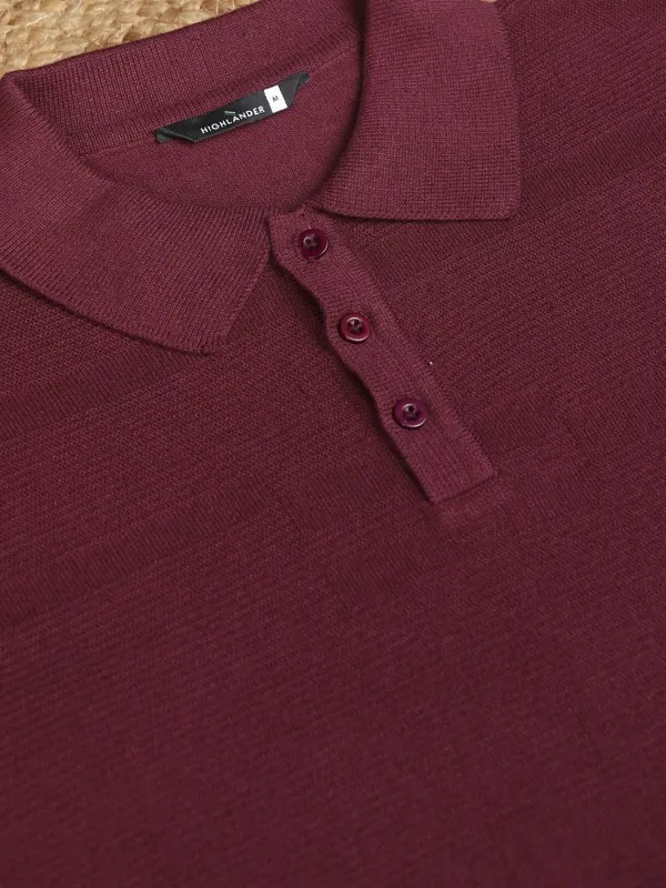 Highlander Men Burgundy Self Design Polo T-Shirt