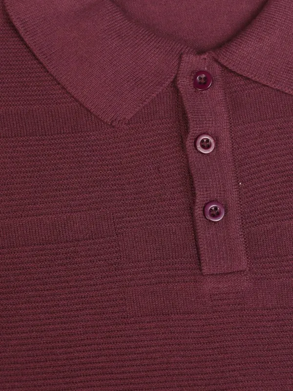 Highlander Men Burgundy Self Design Polo T-Shirt