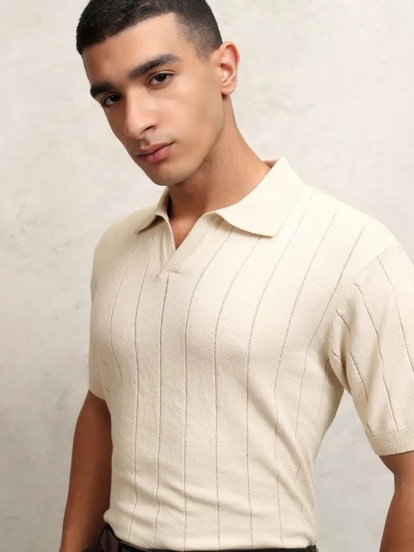 Highlander Men Off White Self Design Polo Collar T-Shirt