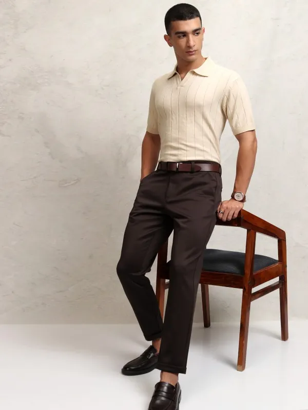 Highlander Men Off White Self Design Polo Collar T-Shirt