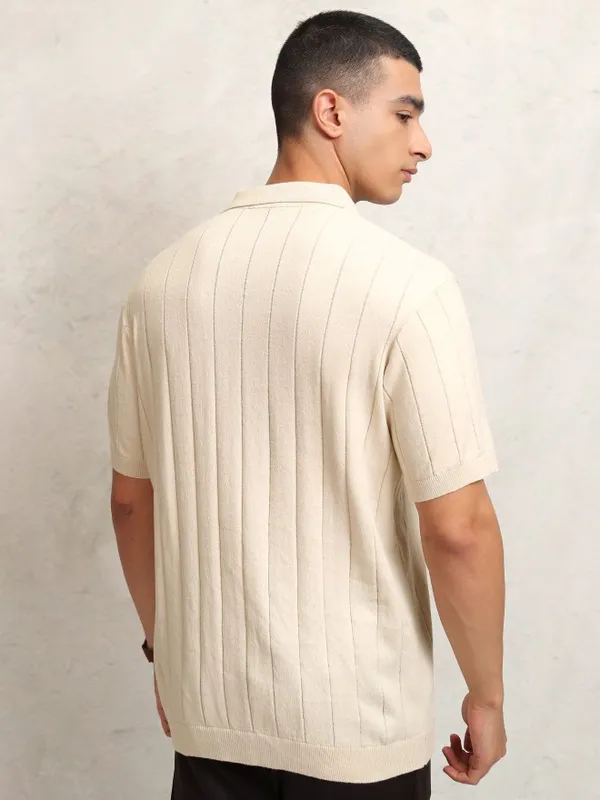 Highlander Men Off White Self Design Polo Collar T-Shirt
