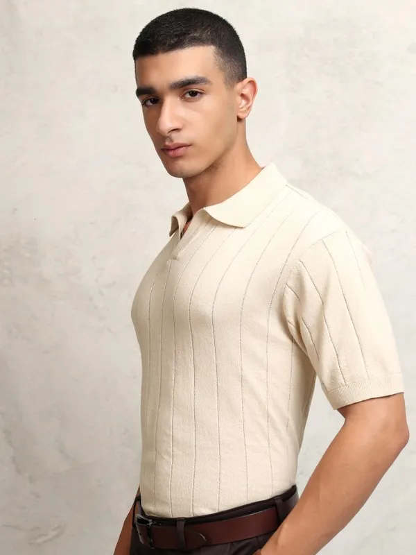 Highlander Men Off White Self Design Polo Collar T-Shirt