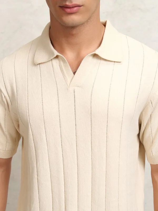 Highlander Men Off White Self Design Polo Collar T-Shirt