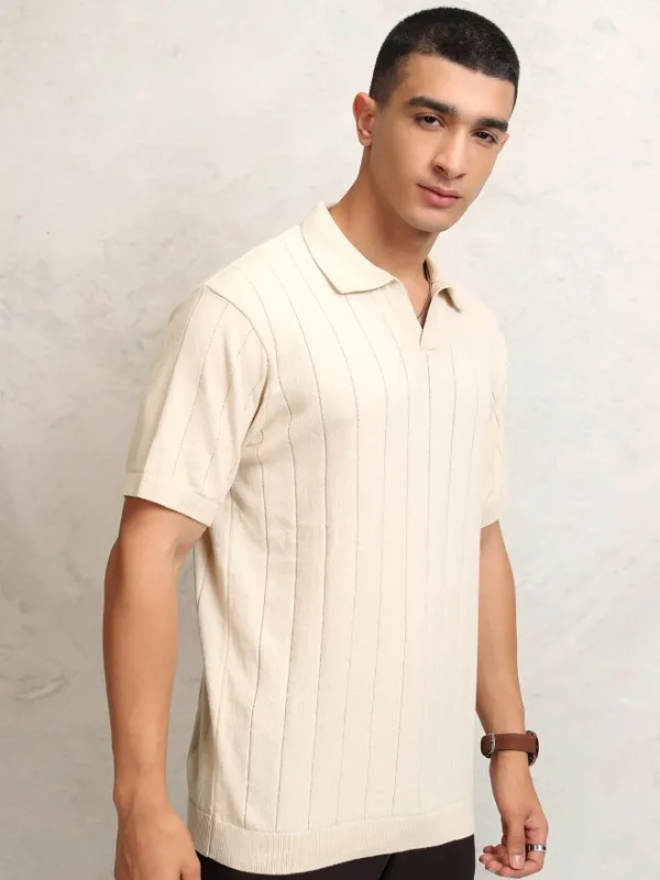 Highlander Men Off White Self Design Polo Collar T-Shirt