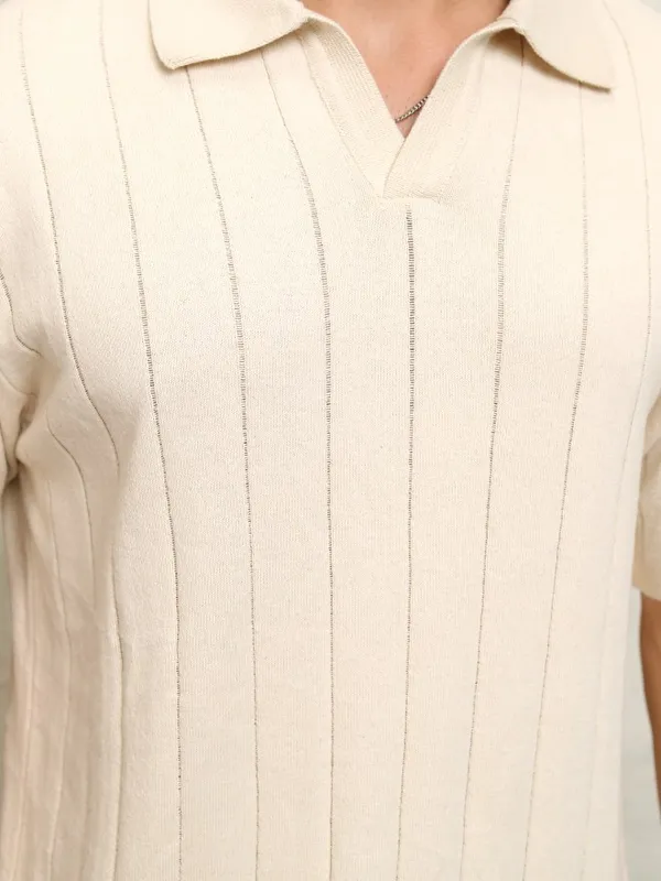 Highlander Men Off White Self Design Polo Collar T-Shirt