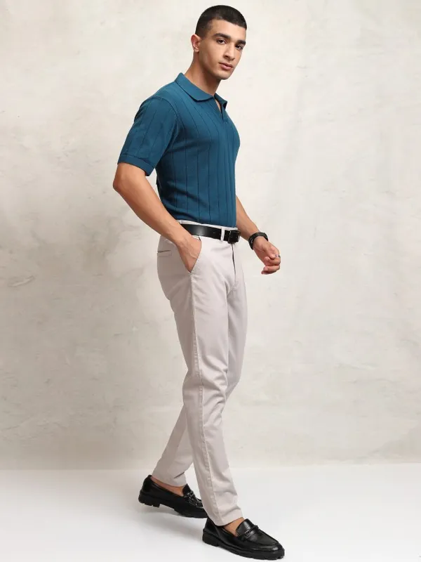 Highlander Men Navy Blue Self Design Polo Collar T-Shirt