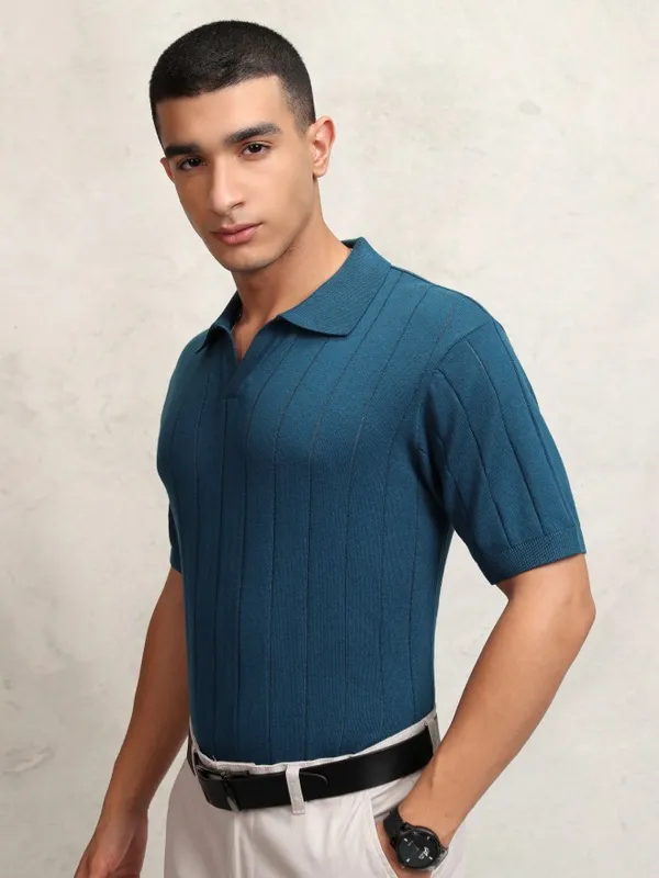 Highlander Men Navy Blue Self Design Polo Collar T-Shirt