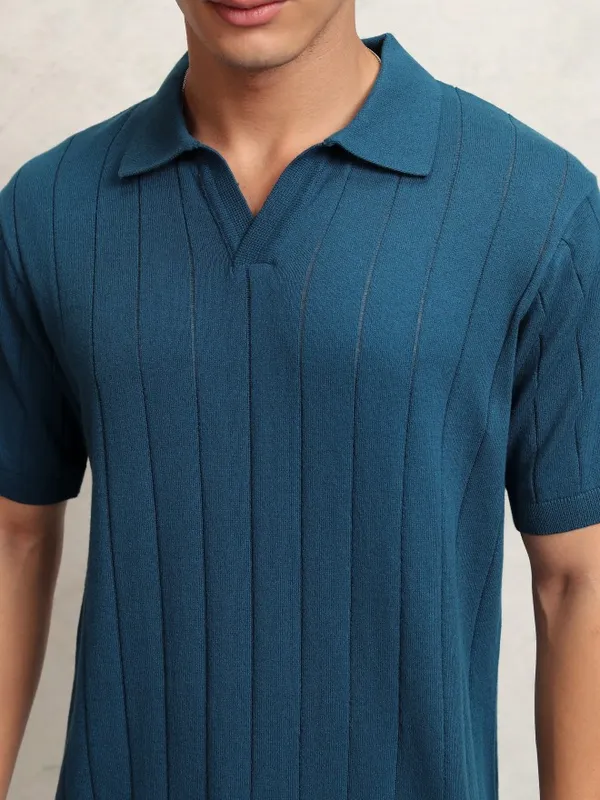 Highlander Men Navy Blue Self Design Polo Collar T-Shirt