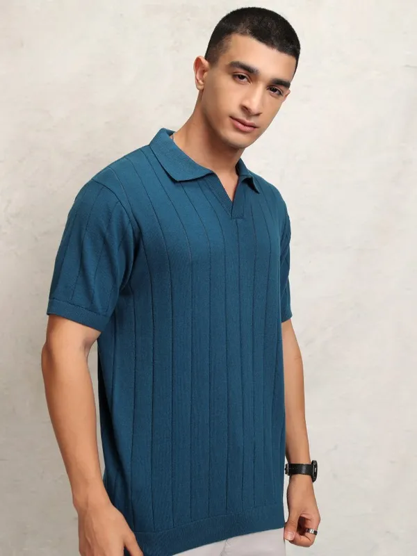 Highlander Men Navy Blue Self Design Polo Collar T-Shirt
