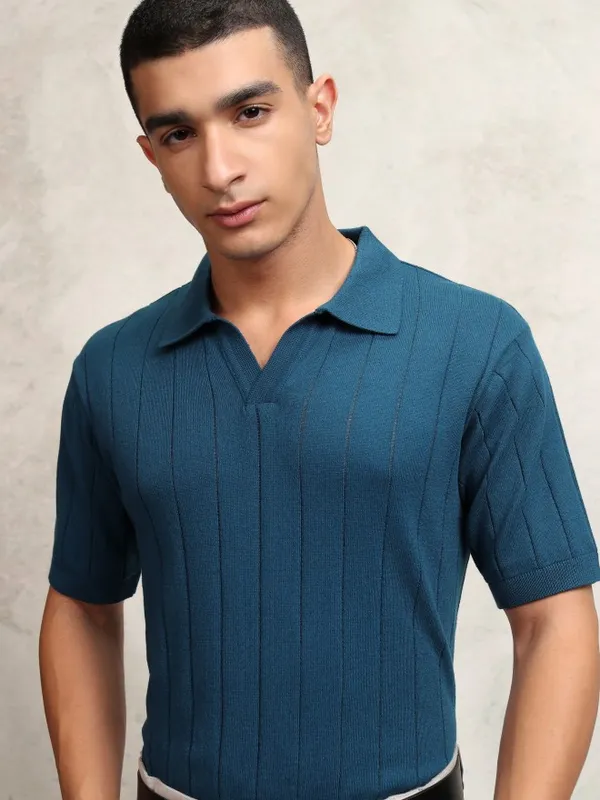 Highlander Men Navy Blue Self Design Polo Collar T-Shirt